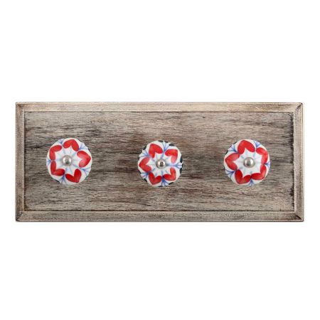 Red Flower Ceramic Wooden Hooks